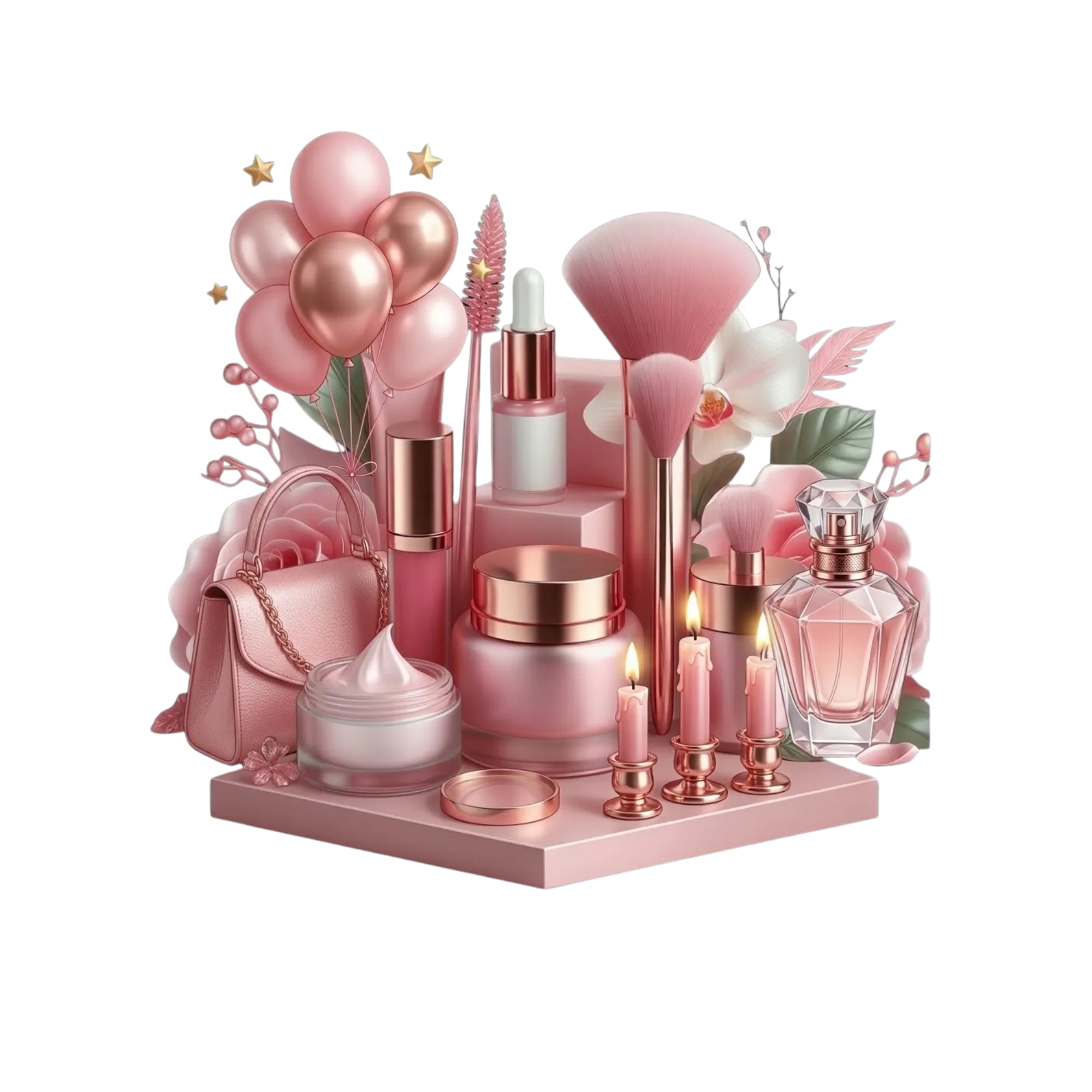 Arreglo de productos de belleza y cuidado personal en abanico: labiales, cremas, perfumes y una rosa roja, sobre fondo transparente